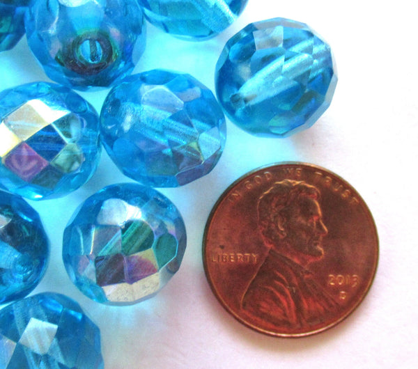Ten Czech glass fire polished faceted round beads - 12mm aqua blue AB beads C0028