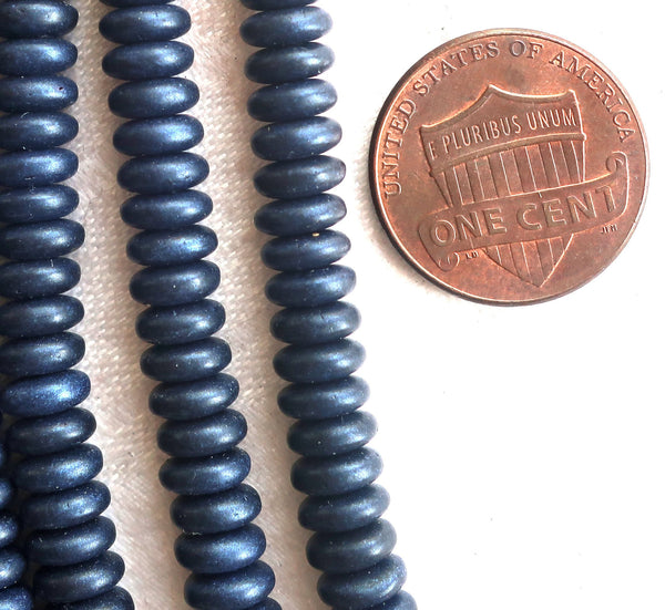 Lot of 50 6mm Czech glass rondelle beads, matte metallic dark blue suede, sueded flat spacers or rondelles C3801 - Glorious Glass Beads