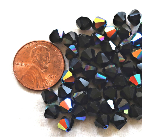 Lot of 24 6mm Czech opaque Jet Black AB glass faceted bicone beads, Preciosa Crystal black AB bicones 60101 - Glorious Glass Beads