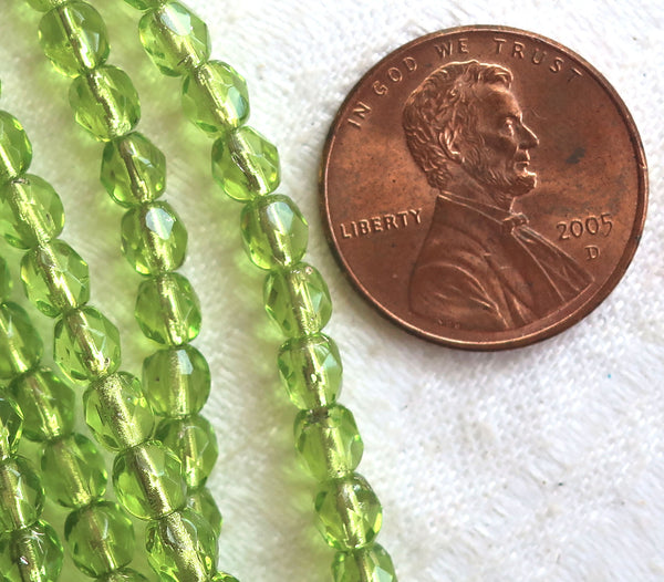Lot of 50 4mm Czech glass beads, olive. olivine green, silver lined, firepolished faceted round beads C5550 - Glorious Glass Beads