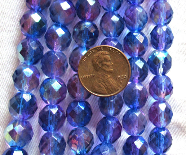 Lot of 20 Czech glass 10mm beads - blue, purple ab mix - firepolished faceted round beads