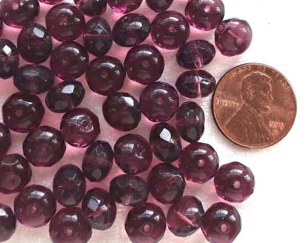 Lot of 25 6 x 9mm Amethyst puffy rondelle beads, firepolished, faceted Czech glass beads C2925 - Glorious Glass Beads