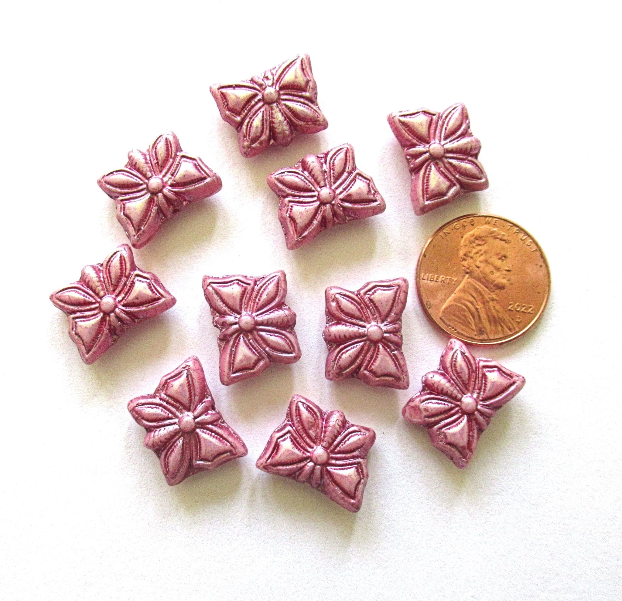 Eight Czech glass butterfly beads - opaque pink with a luster finish - 15 x 12mm pressed glass beads C0098