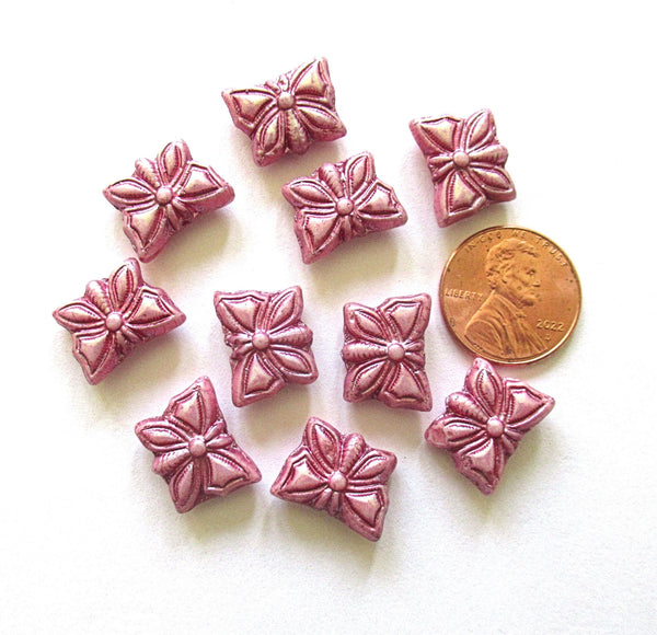 Eight Czech glass butterfly beads - opaque pink with a luster finish - 15 x 12mm pressed glass beads C0098