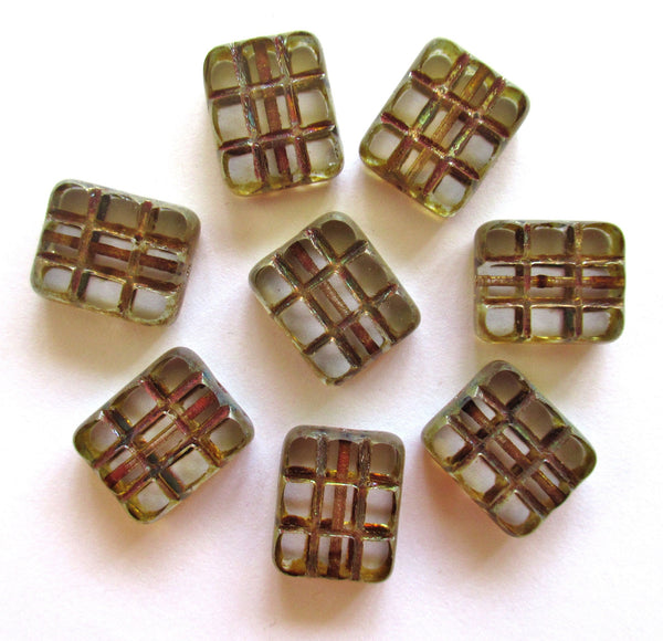 Five large 15 x 13mm Czech glass square beads - table cut crystal clear picasso rectangular carved rectangle beads - 00311