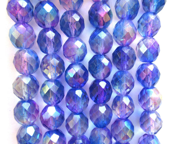 Ten Czech glass fire polished faceted round beads - 10mm blue & pink AB color mix beads C0077