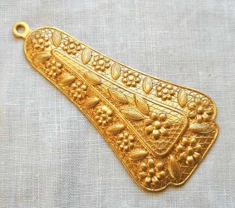1 Raw Brass Stamping, Victorian, Art Nouveau, Deco large dangle, pendant, charm, drop, earring, 65mm x 31mm, made in the USA C0801 - Glorious Glass Beads