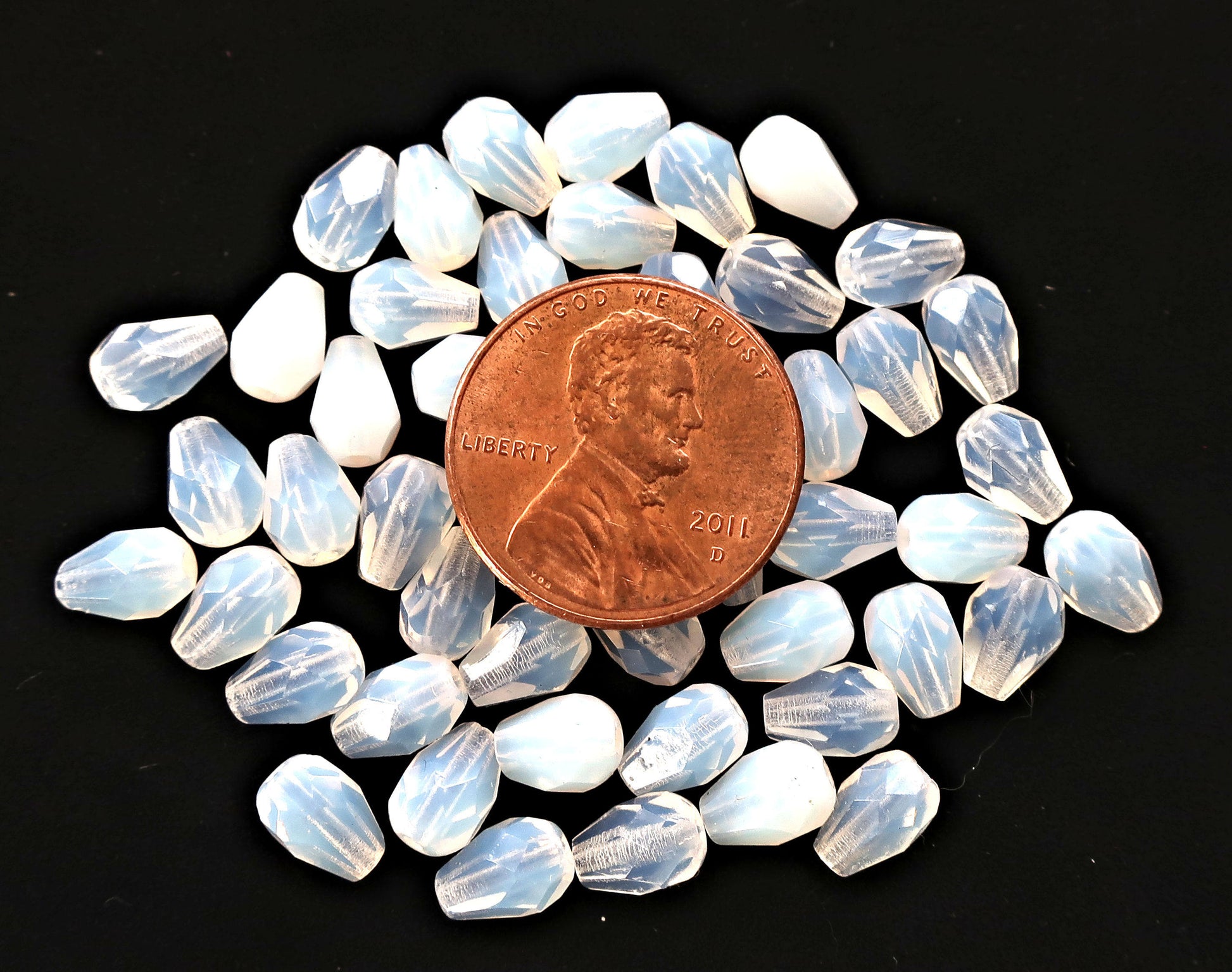 Lot of 25 7 x 5mm translucent Milky White teardrop Czech glass beads, faceted firepolished tear drops C2701 - Glorious Glass Beads