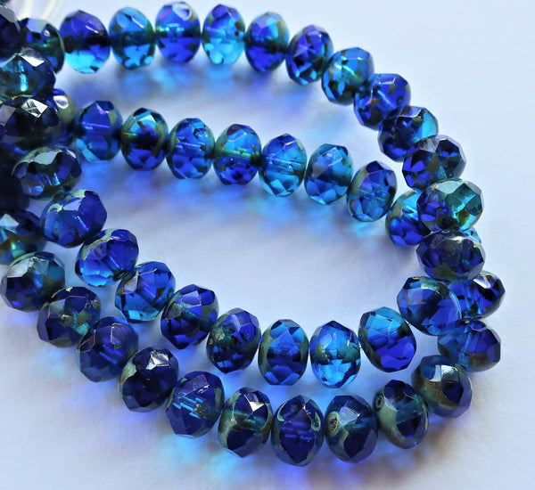 Lot of 25 faceted Czech glass puffy rondelle beads - 8 x 6mm transparent aqua and sapphire blue mix - rondelles 57201