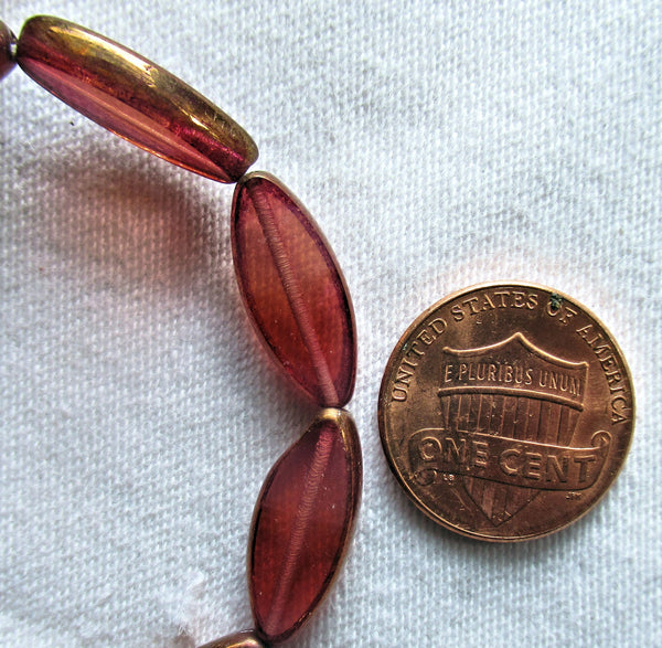 Ten Czech glass spindle beads - transparent dusty rose pink w/ bronze - 18 x 7mm table cut, almond shape tube beads C06301