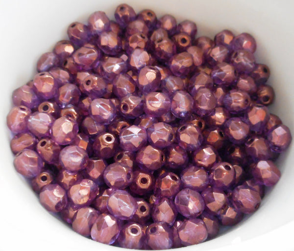 25 6mm Czech glass beads, Lumi Amethyst Purple Iridescent firepolished, faceted round beads C9425