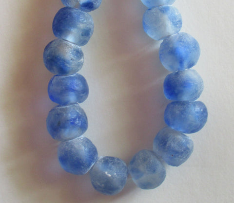 Six African recycled glass chunky blue & white round druk beads - Approx 17 - 18mm with 2mm hole, big hole, rustic, earthy, boho beads 80110