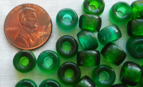 25 9mm Czech transsparent Emerald green glass pony roller beads, large hole crow beads, C0057