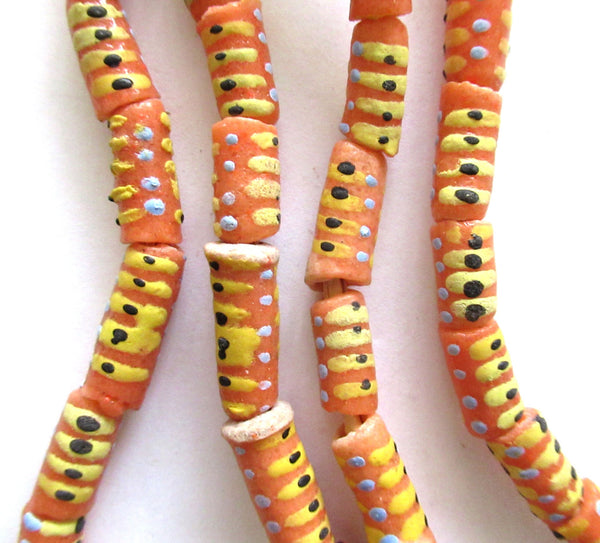 Lot of 5 sand cast African Ghana glass tube beads - 17 - 10mm by 6 - 7mm big hole orange patterned rustic, earthy beads - C0088