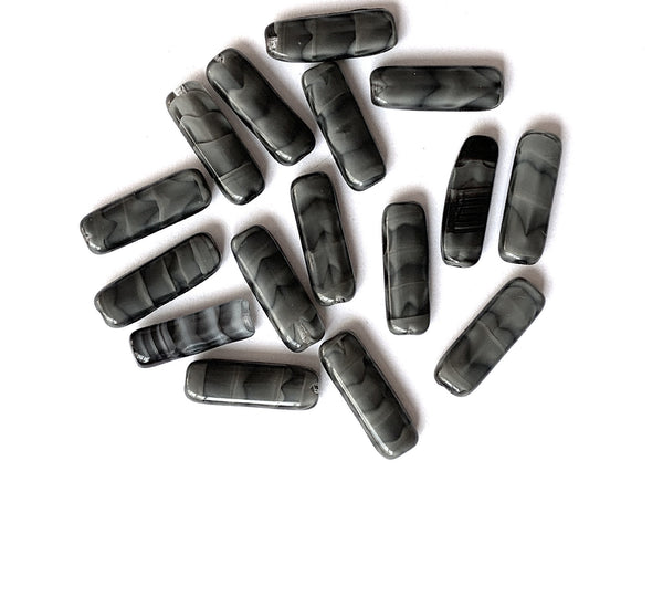 15 Czech glass flat tube beads - 6 x 17mm marbled, striped black and gray beads C0311
