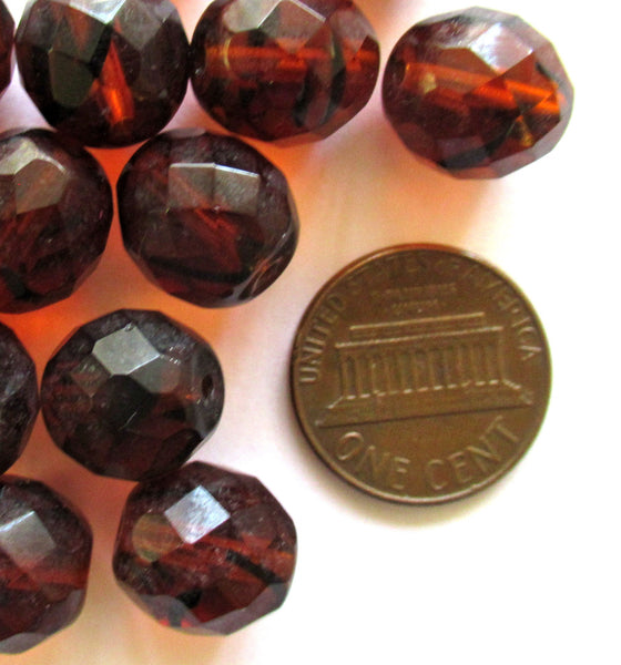 Ten Czech glass fire polished faceted round beads - 12mm tortoiseshell tortoise shell brown beads C00931