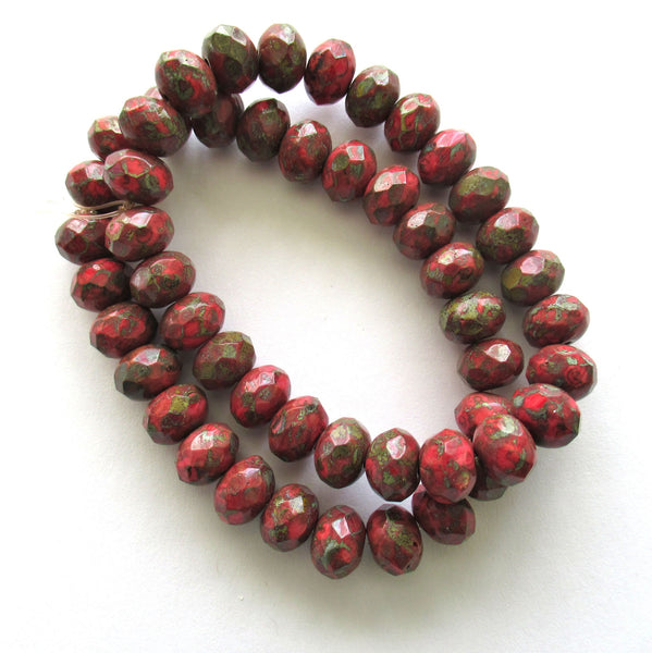 25 Czech glass faceted puffy rondelle beads - 6 x 9mm opaque red beads with a full picasso coat - earthy rustic beads 00523