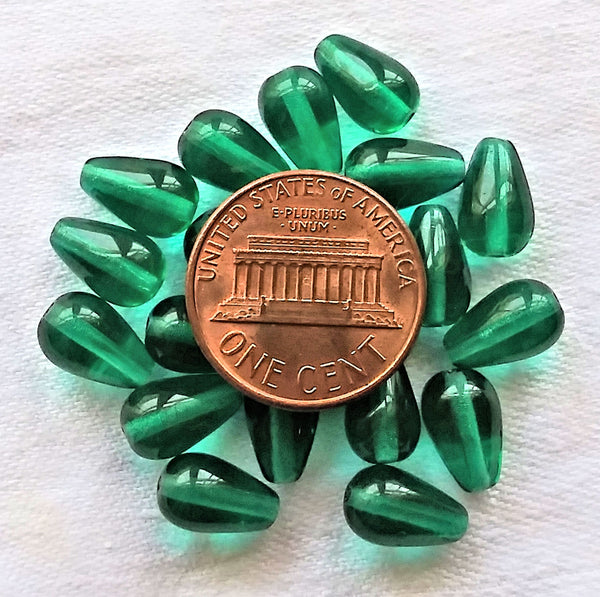 Lot of 25 Czech glass drop beads - center drilled smooth teardrop shaped teal blue green or emerald beads - 10 x 6mm C0054