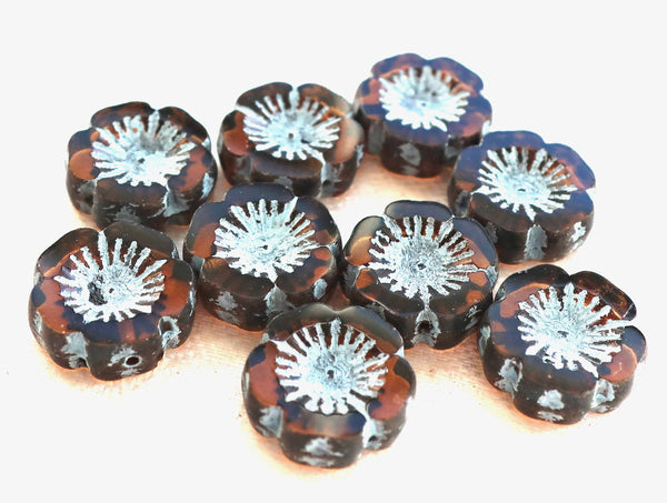 Five 14mm table cut, carved, transparent dark brown, smokey topaz & blue picasso, Czech glass hibiscus Hawaiian flower beads, C05105 - Glorious Glass Beads