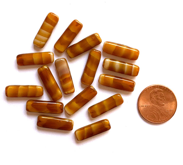 15 Czech glass flat tube beads - 6 x 17mm marbled, striped brown or caramel and white beads C0401