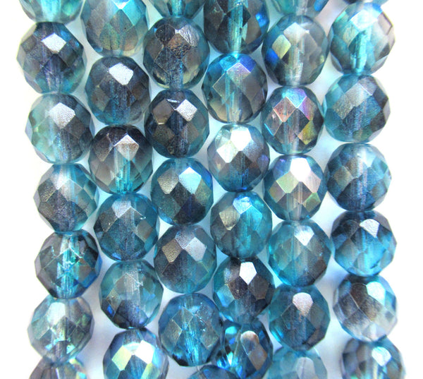 Ten Czech glass fire polished faceted round beads - 10mm blue AB color mix beads C0077