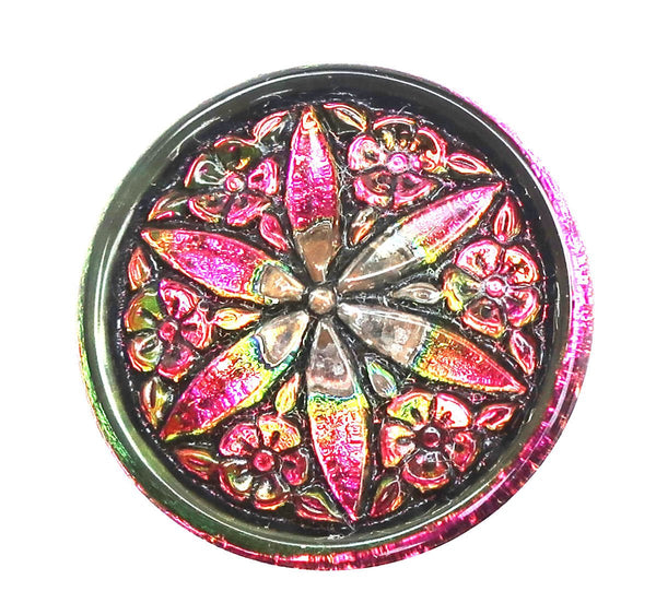 One 18mm iridescent Czech glass button, vitral pink, green yellow star flower button, decorative shank buttons 52201