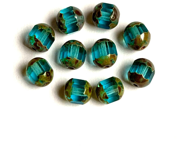 15 Czech glass faceted cathedral or barrel beads six sides - 8mm fire polished aqua blue beads with picasso finish on the ends C0096