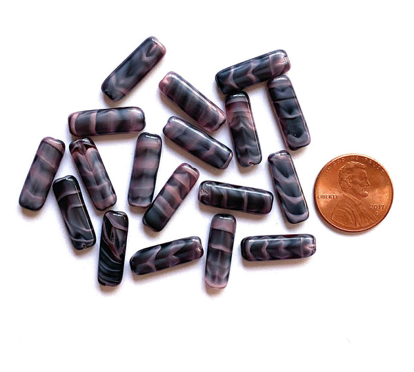 15 Czech glass flat tube beads - 6 x 17mm marbled, striped pink and gray beads C0311