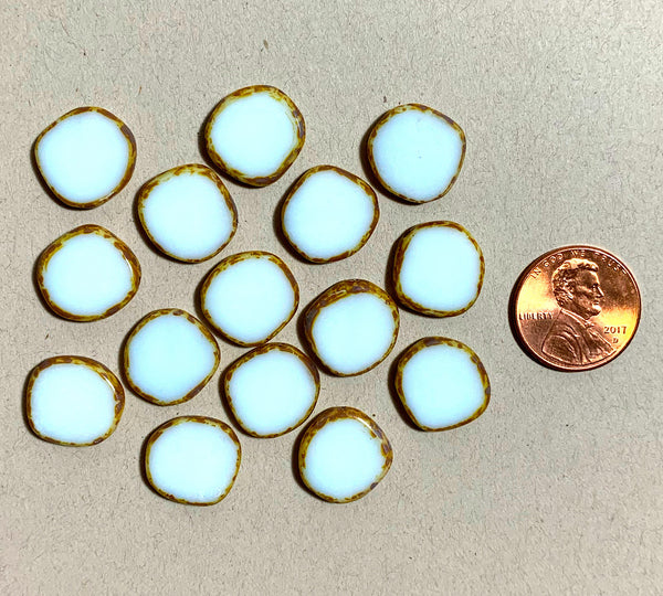 Six 15mm Czech glass asymmetrical coin or disc beads -opaque white picasso table cut beads - C0231