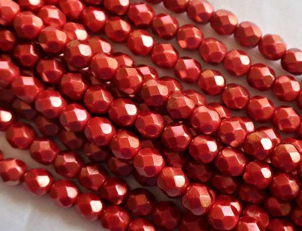lot of 25 6mm Halo Etserial Cardinal Red Czech glass beads, firepolished, faceted round beads with a metalilc look, C7201