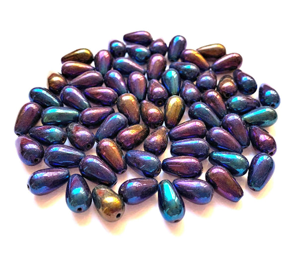Lot of 25 10 x 6mm Czech glass blue iris teardrop beads - center drilled smooth drop beads C0082