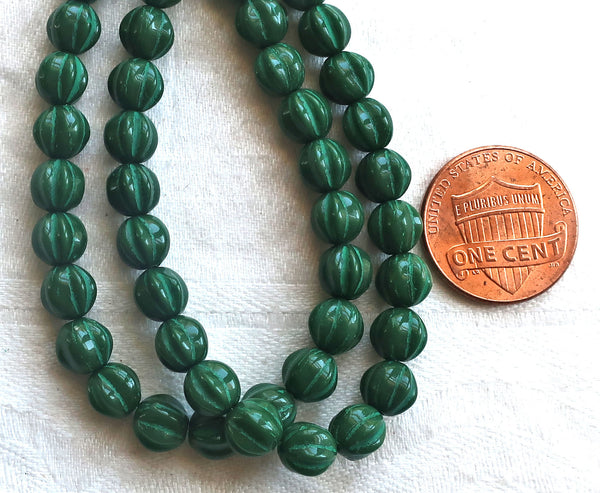 25 melon beads, 6mm forest, opaque dark hunter green pressed Czech glass beads C0901