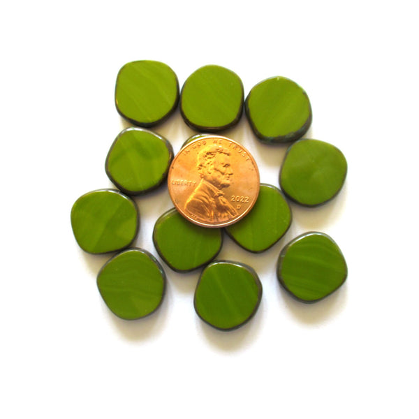 Six 15mm Czech glass asymmetrical coin or disc beads - opaque avocado green silk picasso table cut beads - C00201