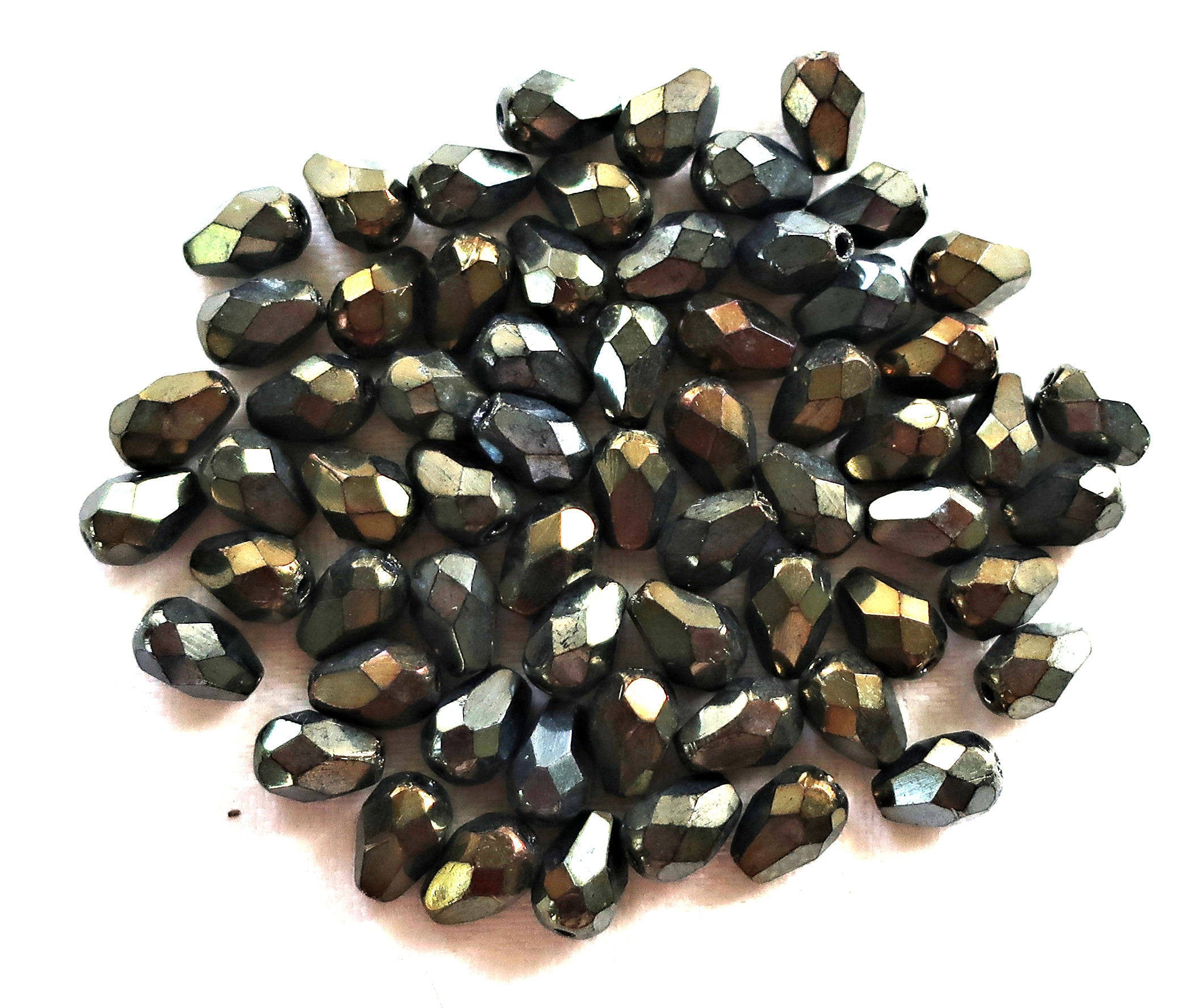 Lot of 25 7 x 5mm Brown Iris teardrop Czech glass beads, faceted firepolished tear drops C7701 - Glorious Glass Beads