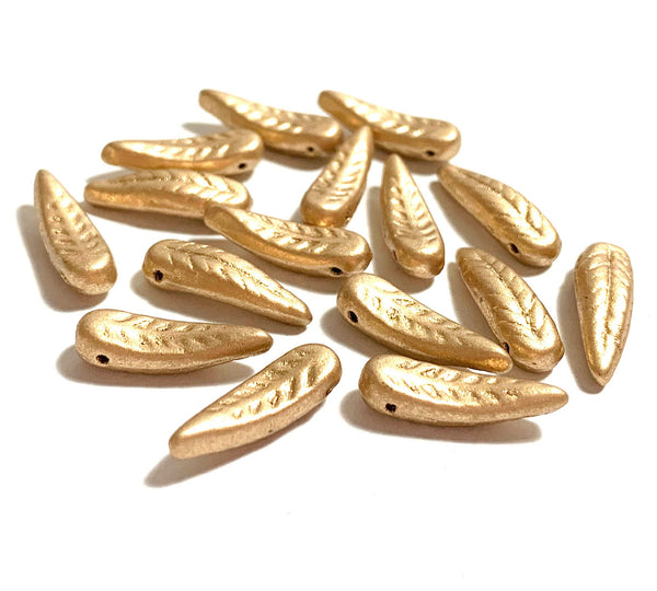 25 Czech glass curved feather or dagger beads - 17 x 5mm matte metallic gold textured pressed glass beads - C0096