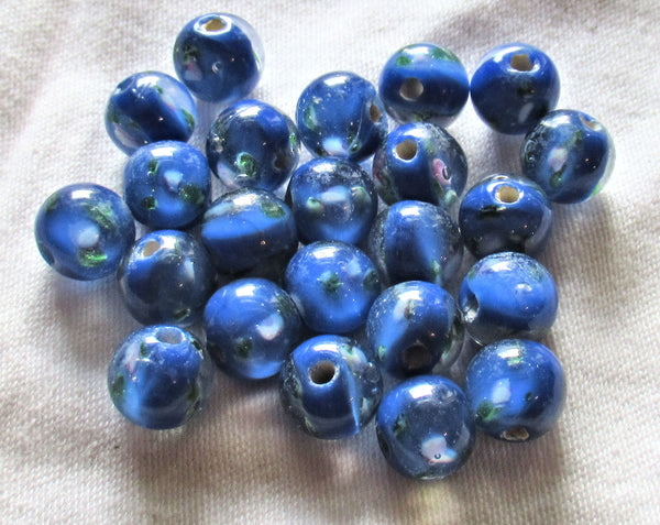 Lot of ten 10mm royal blue floral druk beads - made in India glass flower smooth round druks C7801