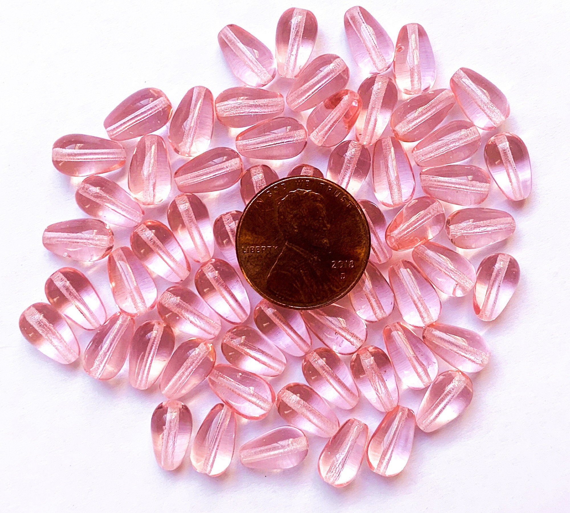 Lot of 25 10 x 6mm Czech glass rosaline pink teardrop beads - center drilled smooth drop beads C0053