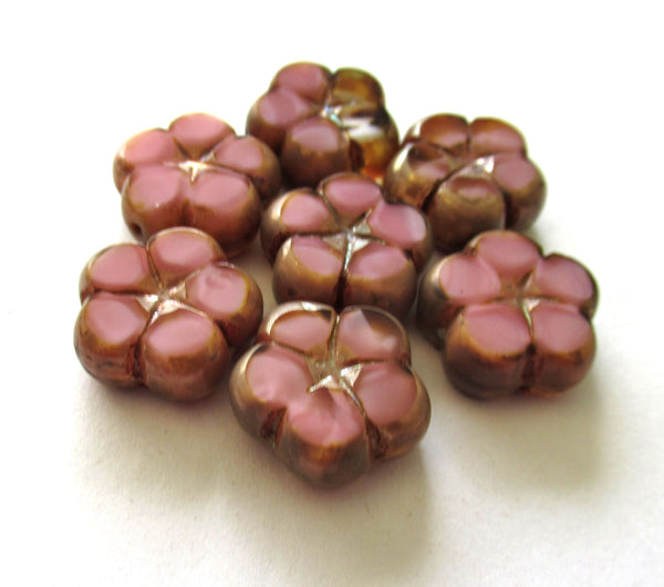 Lot of 6 Czech glass flower beads - 16mm table cut carved opaque silky pink & crystal marbled glass with picasso accents C00612