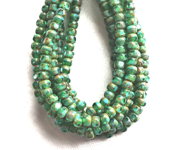50 4 x 3mm, Tricut, Tri-cut, 3 cut Round Czech glass beads, turquoise green picasso 6/0 seed beads C45101