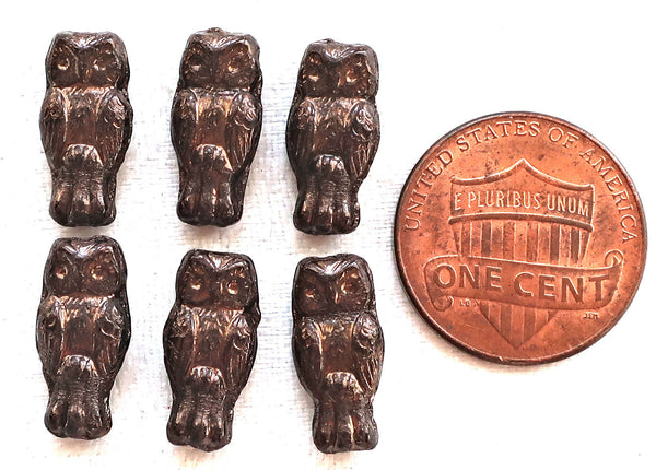 Lot of 10 small Czech glass owl beads, opaque black with a dark bronze finish, two sided earring beads, 15mm x 7mm 5401 - Glorious Glass Beads