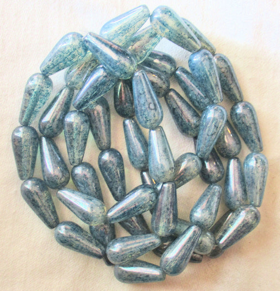 Lot of six Czech glass long teardrop beads - translucent crystal with a splotchy blue finish - 9 x 20mm elongated tear drops 51106
