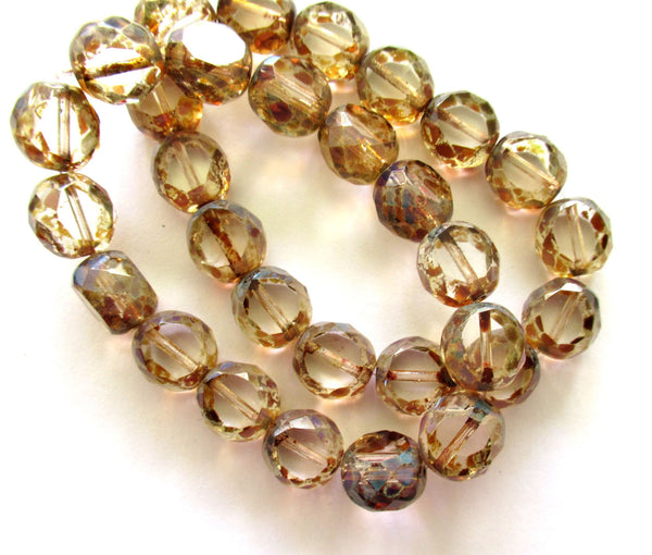 Six 12mm round faceted table cut Czech glass beads - crystal clear picasso 2 cut window beads - chunky statement beads 00131
