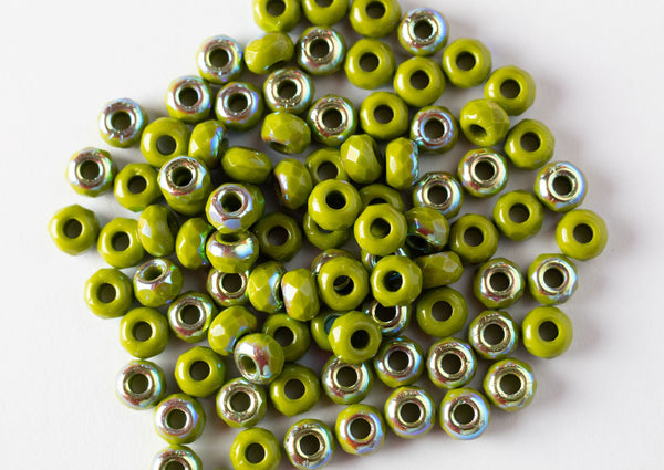 Ten Czech glass faceted rondelle beads - 6mm x 9mm opaque avocado green AB beads - big 3.38mm hole beads C0008