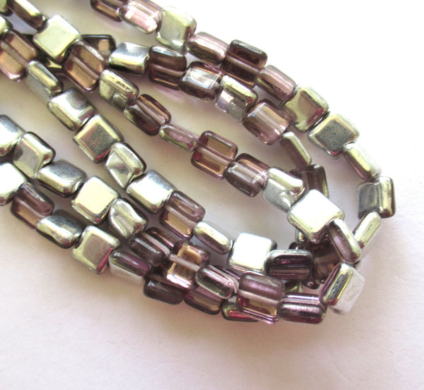 Lot of 30 8mm one hole flat square Czech glass beads - light amethyst / purple and silver beads - C00211