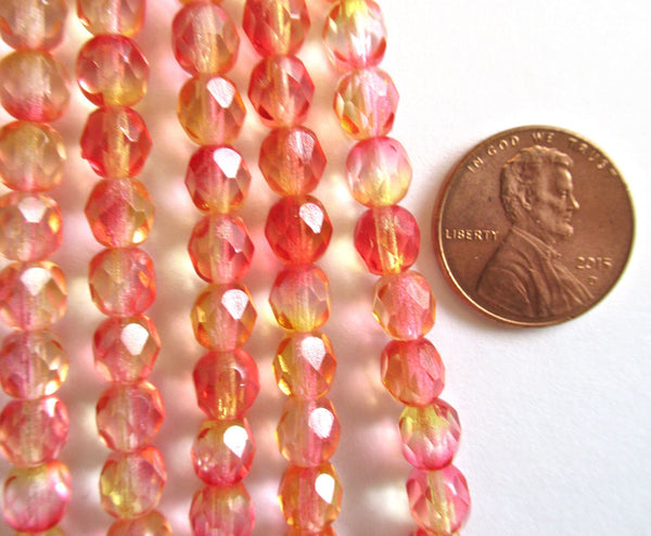 25 6mm Czech glass beads - fuchsia lemon dual coated pink & yellow / orange - faceted round fire polished beads 0075