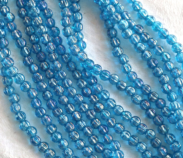 Lot of 100 3mm Czech glass melon beads, Luster Iris Capri Blue pressed glass beads C53150 - Glorious Glass Beads