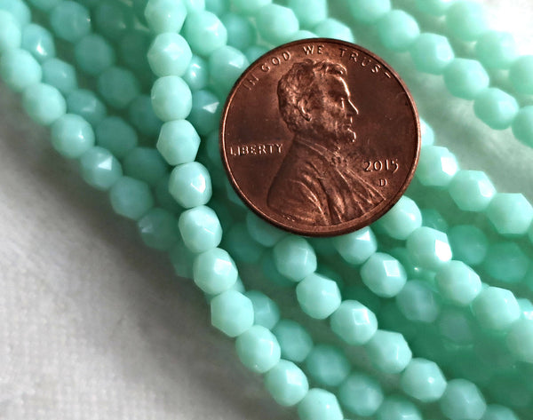 Lot of 50 4mm Opaque Pale Jade Green Czech glass beads, opaque light green faceted. firepolished round beads C8501 - Glorious Glass Beads