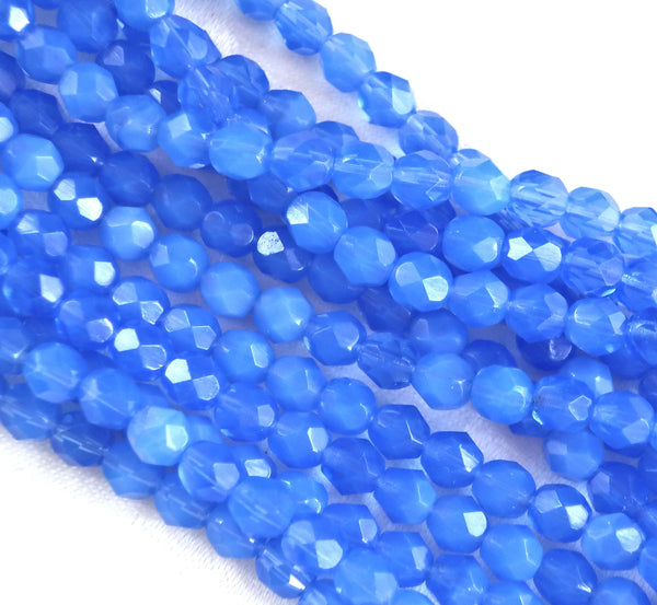 Lot of 25 6mm Milky Sapphire Blue Czech glass beads, firepolished faceted round beads C5425 - Glorious Glass Beads