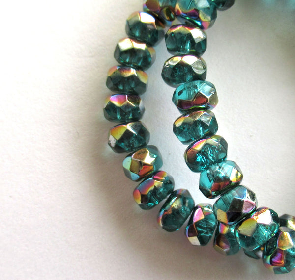 30 small 3 x 5mm Czech glass faceted puffy rondelle beads - transparent teal blue green rondelles with a vitral finish C00331