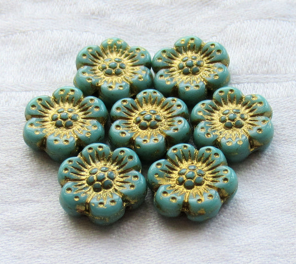 Twelve Czech glass wild rose flower beads - 14mm opaque turquoise blue floral beads with a gold wash C07105 - Glorious Glass Beads